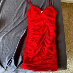 Red satin ruched cocktail mini dress
